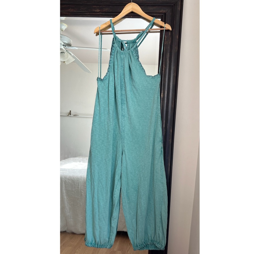 Free People Teal Green Halter Wide-Leg Jumpsuit